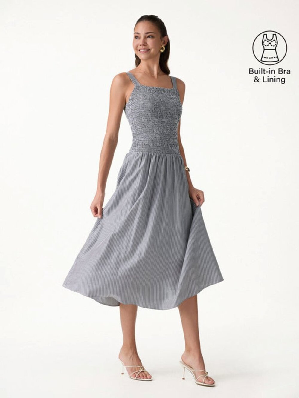 OGL Striped Poplin Square Neck Smocked Midi Bra Dress S (NWT)